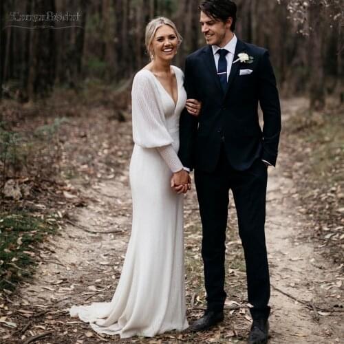 Lantern Long Sleeve Wedding Dresses Mermaid Sequins Bohemain Bridal Gowns Elegant V-Neck Vestido De noivas Chic DW321