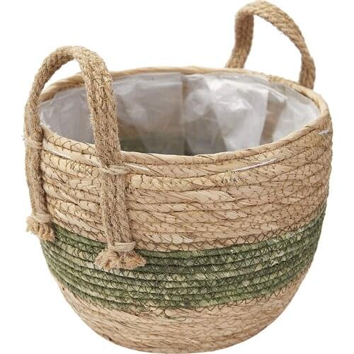 Rattan Weave Flowerpot Basket Straw Seaweed Stylish For Indoor Or Outdoor Use Plastic Lining Round Baskets With Handle Storage