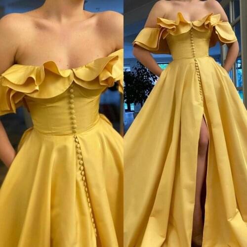 Stunning Yellow Evening Gowns 2020 Pleats A Line Front Split Prom Dresses with Pocket Custom Made Robe De Soirée
