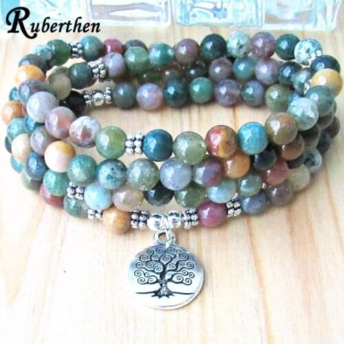 Ruberthen New Design 8 mm Fance Beads Mala Bracelet Indian Agates Tree of Life Charm Bracelet Handmade 108 Mala Yoga Bracelet