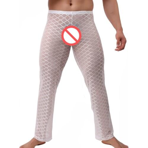 Sexy Men Pants See-Through Mens Sleep Bottoms Transparent Mesh Gay Long Johns Homme Loose home pants Lounge Exotic Homewear