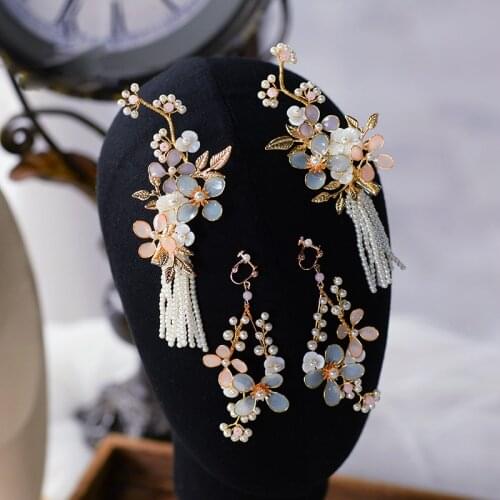 Vintage Handmade Flwoer Brides Barrettes with Earring Hair Sticks Hairbands Wedding Hair Accessories