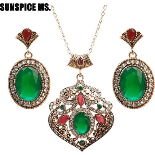 Vintage Turkish Big Natural Stone Jewelry Sets Round Drop Earrings Flower Pendant Necklace Antique Indian Ethnic Wedding Bijoux