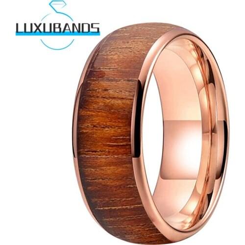 Tungsten Wedding Rings For Men Women 8MM Rose Gold Koa Wood Inlay Engagement Bands Polished Finished Comfort Fit
