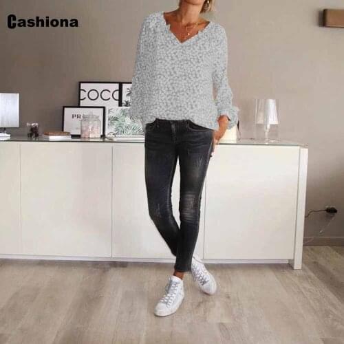 Cashiona Long Sleeve Women Casual Shirt Blouse Sexy V-neck Basic Dot Tops Bohemian 2021 Summer Loose Shirt Femme Clothing