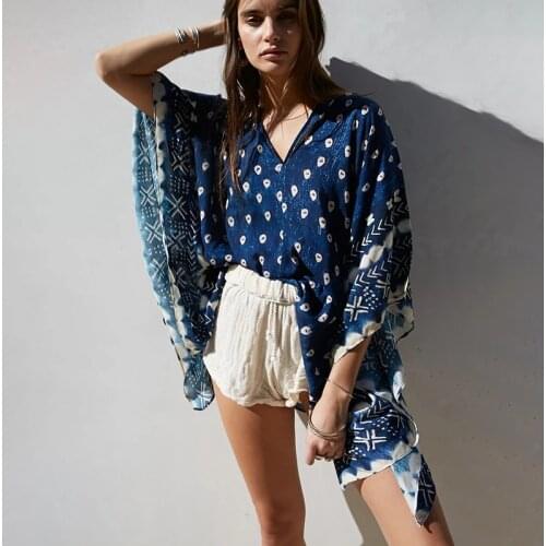 Dye Blue print Tunic Women Blouse Beach NEW cover up Quick-dry Swimsuits Overclothes loose Batwing V-neck Slouch Rectangle Shirt