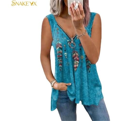 SNAKE YX Oversized T Shirt Womens Feather Plaid Printed Sleeveless Zipper V-neck T-shirt Loose Soft and Comfortable Top