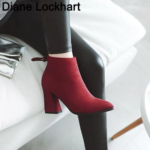 Pointed Toe Square Heel Women Boots Fashion Buckle Ankle Boots Women Shoes Zipper Cheap High Heel Boots Shoes Woman Large Size