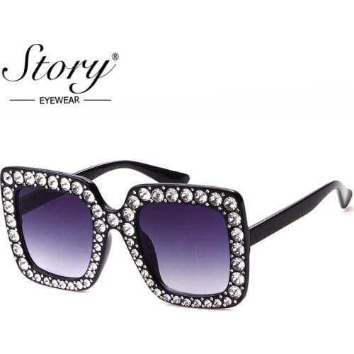 STORY Brand 2018 Luxury Crystal Rhinestone Sunglasses Women Black Pink Oversized Sun Glasses Femal Square Fashion Shades