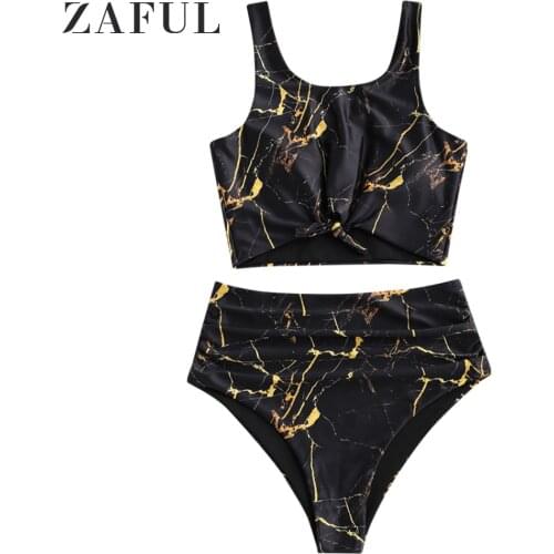 ZAFUL Women Swimwear Knot Marble Print High Waisted Tankini Swimsuit Bathing Suits Wire Free Scoop Neck Bikini Set Beach Wear