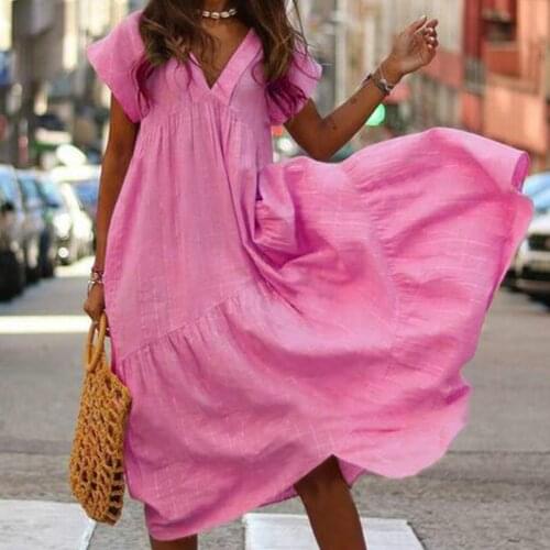 Elegant Solid Pink Long Maxi Ruffled Dresses Women 2021 Autumn Summer Casual Loose Sleeveless V Neck Dress Boho Beach Sundress