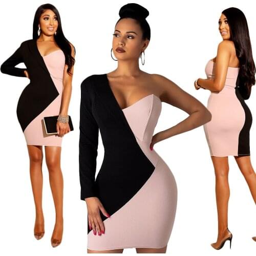 Sexy One Shoulder Long Sleeve Dress Women Bodycon Mini Dresses Patchwork Strapless Short Dress Ladies Party Clubwear Streetwear