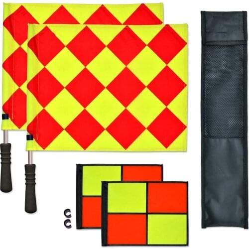 1pair Soccer Linesman Referee Flags Red Yellow Checkered Offside Hand Flags for Soccer Football Match with Stainless Steel Rods