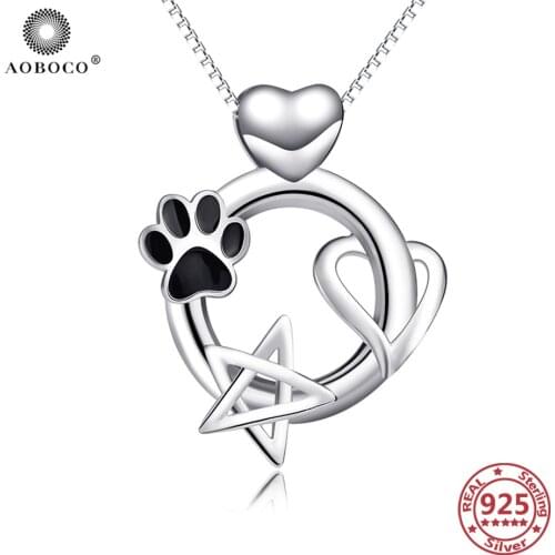 AOBOCO 925 Sterling Silver Paw Pendant Necklaces Dog Paw Star Heart Hollow Necklaces Moms Gift Womens Jewelry Graduation Gifts