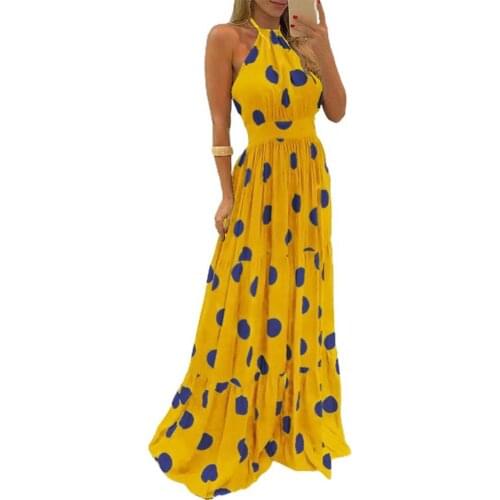 Bohemian Women Dress Fashion Large Hem Sexy Backless Vintage Polka Dot Print Halter Streetwear Maxi Dresses Summer 2021
