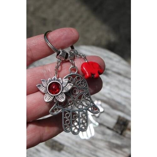 Red Elephant Hamsa Hand & Lotus Flower Keychain | Elephant Keychain | Hamsa Hand Keychain