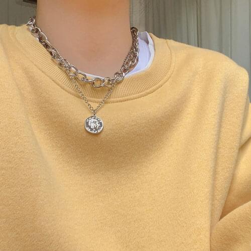 Origin Summer Hyperbole Double Layer Wide OChain Coin Medallion Pendant Necklace for Women Hip Hop Solid Color Necklace Jewelry