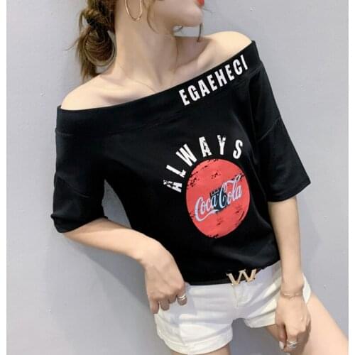GGRIGHT Girls Tshirt Off Shoulder Short Sleeve White Black Ladies Tshirts 2021 Summer Fashion Casual T Shirts Print Tops Women