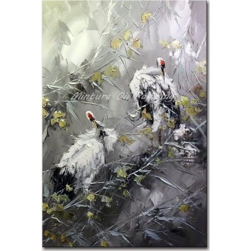 Mintura Hand Painted Oil Paintings on Canvas Two Red-Crowned Cranes Wall Picture for Living Room Home Decor Wall Art No Framed