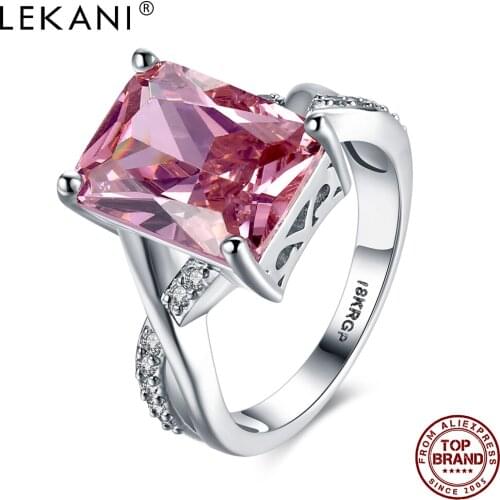 LEKANI Luxury Wedding Rings For Women Fashion Jewelry Geometric Pink Cubic Zircon Copper Ring Girl Engagement Party Accessories