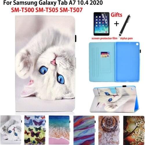 Cute Cat Case For Samsung Galaxy Tab A7 10.4 2020 Cover SM-T500 SM-T505 SM-T507 Funda Tablet Silicone PU Leather Shell +Gift