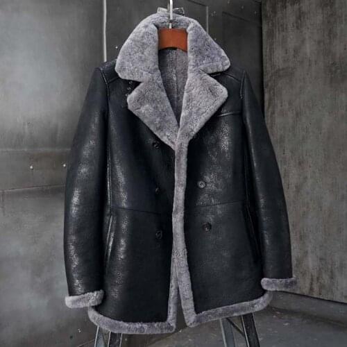 2020 New Mens Shearling Coat Long Fur Jacket Black Leather Jacket B3 Hunting Jacket Mens Winter Coats Sheepskin Coat