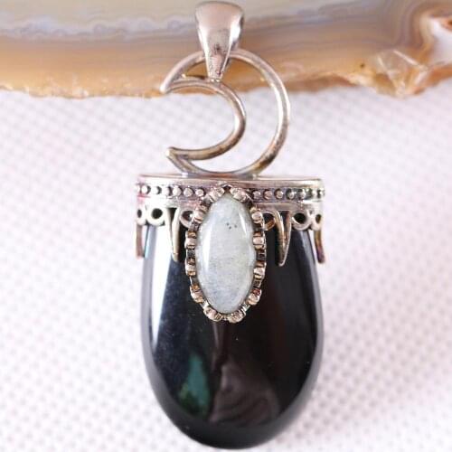 Charm Necklace Pendant Natural Gem Black Onyx Labradorite Oval Bead Antique Crown Half Moon Jewery Gift 1Pcs K781