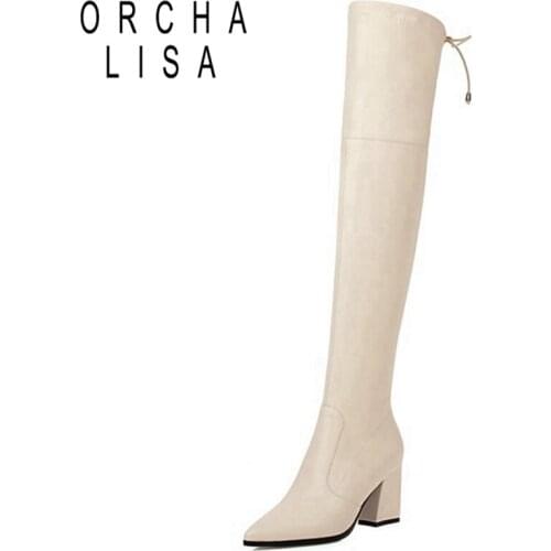 ORCHALISA 2021 Over The Knee Boots Stretch Sexy Zip Lace Up Pointed Toe 7.5CM Block Heel US15 Black Silver Apricot Yellow A4439