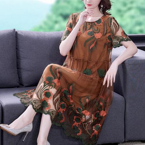 Summer Female Womens Short Sleeve Embroidery Flower Black Brown 4xl 5xl Dress , Womans Vintage Casual A Line Dresses