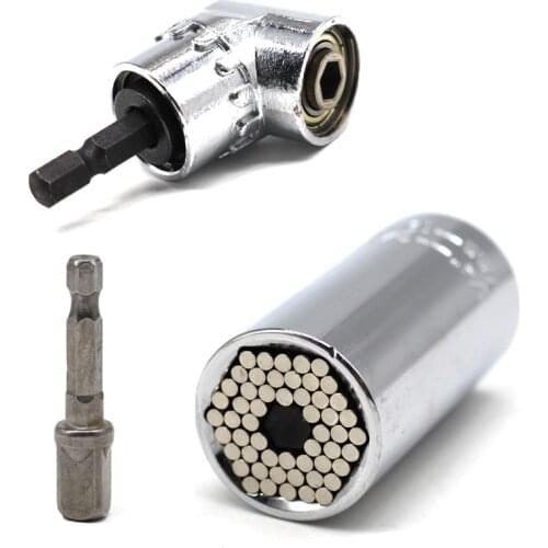 Universal Torque Wrench Head 7-19mm Power Drill Ratchet Spanner Key And 105 Degree Right Angle Extension 1/4" Drive Bit Tool Set