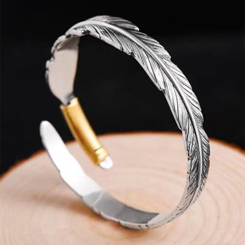 Vintage Feather Cuff Bangles for Men Women Two Tone Silver Plated Bracelet Bangle Fashion Jewelry Accessories