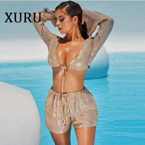XURU summer new womens sequins jumpsuit two-piece casual sexy jumpsuit suit