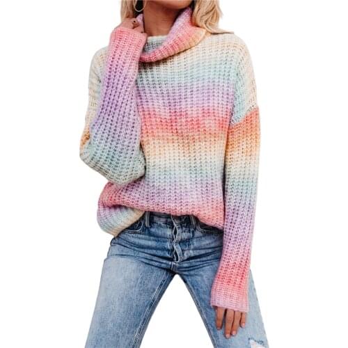 Womens Casual Pullovers Sweaters Long-sleeved Loose Sweater Fashion Color Stripe High Collar Knitwear Spring Autumn Tops
