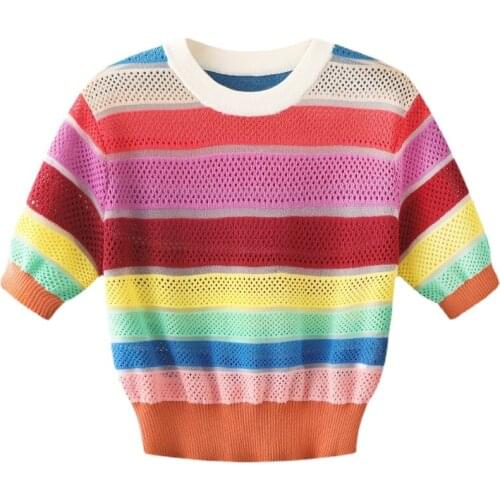 Rainbow Stripes Womens Tops Summer Contrast Color Knit Pullovers New O-neck Short Sleeve Hollow Out Cardigan Blusas Mujer