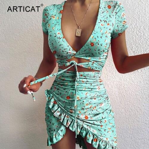 Articat Floral Printed Ruffles Mini Bodycon Dress Women Sexy V-neck Bandage Irregular Dresses Summer Short Sleeve Streetwear