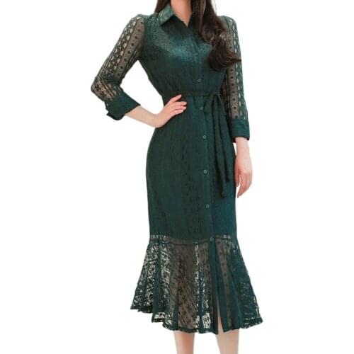 Women summer wear korean temperament solid with turn-down single-breasted lace-up sleeve natural casual dress dresses
