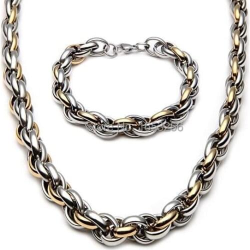 Gold 2-Tone 9mm stainless steel Fashion Oval Rope Chain Link necklace + bracelet Set Mens Cool Jewelry set