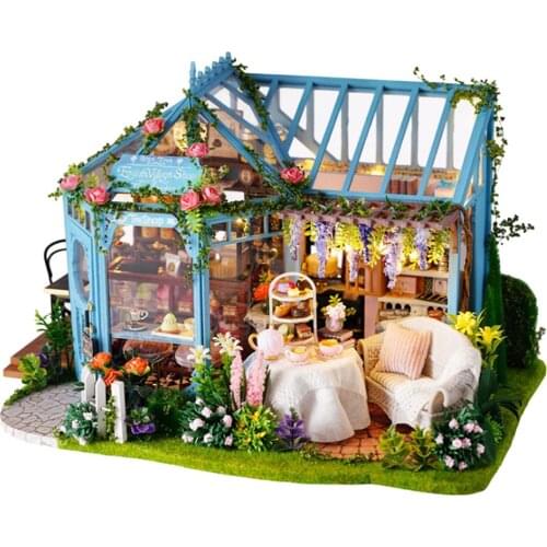 1/24 Scale DIY Wooden 3D Miniature Dollhouse Model Kit Assembly Garden Cake Shop Tea House Birthday Gift