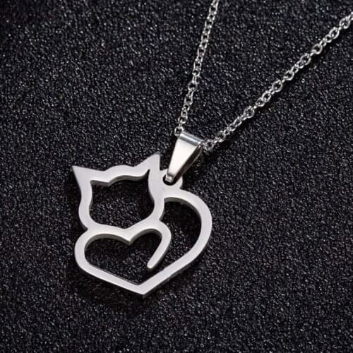1pc Cutout Cat In Love Shape Stainless Steel Pendant Necklace Cats Charms Necklaces For Women Girls Kids Party Jewelry Gift