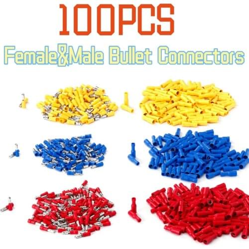 100PCS Female+Male Insulated Electric Connector Crimp Bullet terminal for 22~10AWG 3 colors