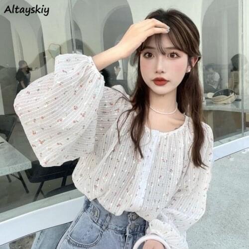 Blouse Women Oversize Baggy Long Lantern Sleeve Summer Floral Sweet Button Korean Style Trendy Elegant All-match Leisure Cozy