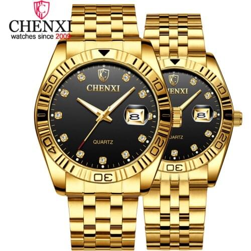 CHENXI Brand Couple Watches Quartz Lovers Wristwatches For Men & Women Gold Luxury Stainless Steel Watch Calendar Reloj Hombre