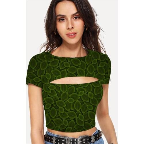 Somepet Cube T-shirt Women Geometry T-shirts 3d Leaf Shirt Print Green Navel Bare Short Sleeve Punk Rock Fashion Slim Tops