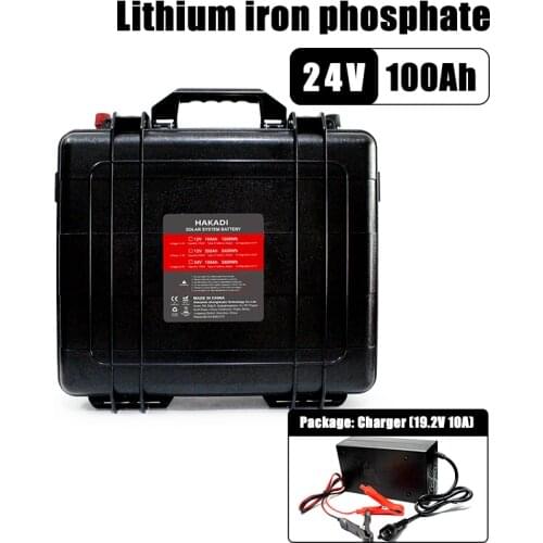 HAKDI 24V Deep Cycle Lifepo4 25.6V 100Ah Battery Pack With 100A BMS Waterproof Function For Ups Power Solar/boat + 10A Charger