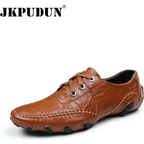 JKPUDUN Handmade Genuine Leather Mens Shoes Casual Luxury Brand Men Loafers Moccasins Italian Breathable Driving Shoes Plus Size