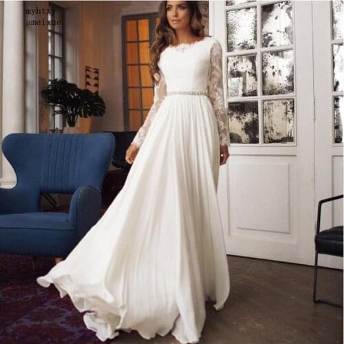 2020 Lace Cheap Wedding Dresses Long Sleeves Lace Bride Wedding Gowns Train White Wedding Gowns Custom Made Vestido De Noiva