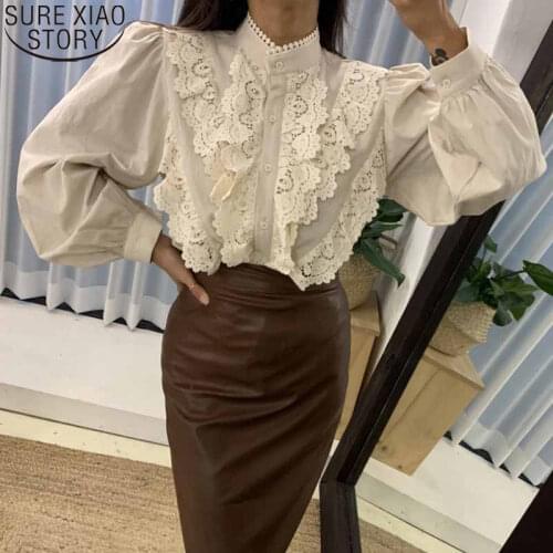Fashion Autumn Temperament Blouse Women Korean Chic Lace Tops Shirts and Blouses Sweet Stand Collar Lantern Sleeve Shirt 12797