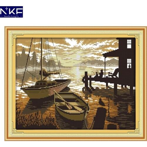 NKF The Sunset Scenery Chinese Cross Stitch Pattern DIY Needlework Embroidery Scenery Cross Stitch for Home Decor