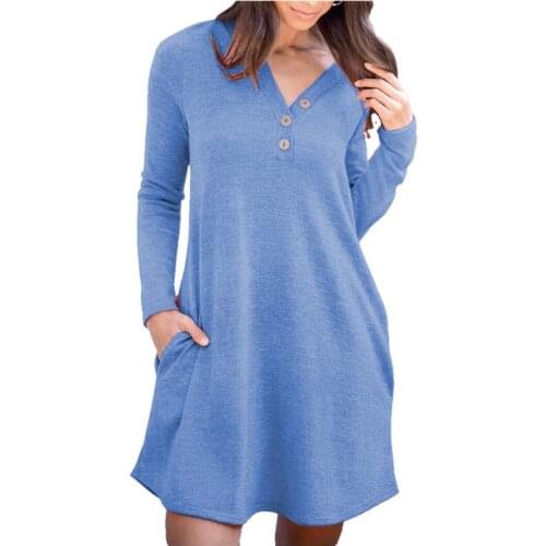 Autumn Women Long Sleeve Dress With Pockets Casual Button V-Neck Pure Color A -Line Dress Loose Pullover Swing Tshirts Dress