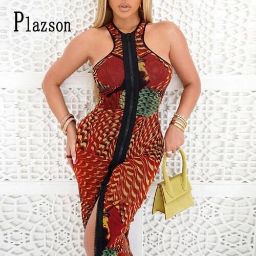 Plazson Summer Sleeveless Bodycon Long Dresses Front Full Zipper Skinny Dress Vintage Print Party Club Sex Off Shoulder Vestidos